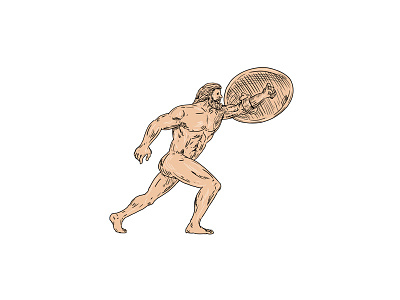 Hercules With Shield Going Forward Drawing cross hatch crosshatch doodle drawing engraved forward god greek divine hero hand drawn handmade heracles hercules ink line drawing moving pointing roman hero shading shield urging