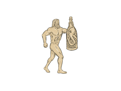 Hercules With Bottled Up Angry Octopus Drawing angry octopus beard bottle bottled up cork doodle drawing engraved hand drawn handmade heracles hercules ink male man muscular octopus roman god roman hero shading