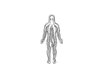 Alien Octopus Inside Human Body Drawing Black and White alien alien octopus anatomy body cephalopoda doodle drawing engraved front hand drawn handmade human human body ink line drawing mollusc octopoda octopus shading standing