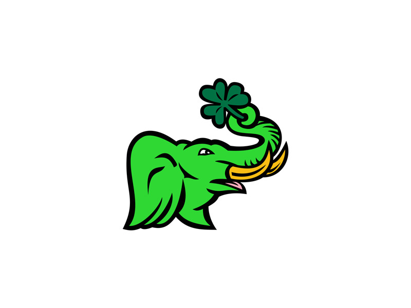 Green Elephant Shamrock Icon symbol trunk holding three-leaved plant pachyderm white clover plant ireland leaf clover leaf sprig tusk green irish elephant shamrock green elephant sign retro icon