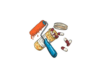 Paint Roller Medicine Capsule Bottle Drawing Color bottle capsule container crossed doctor doodle drawing medicine paint paint doctor paint roller painter painting pill product roller service tablet tool vessel