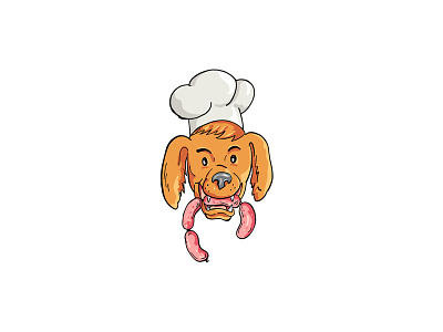 Chef Dog Biting Sausage String Cartoon Color