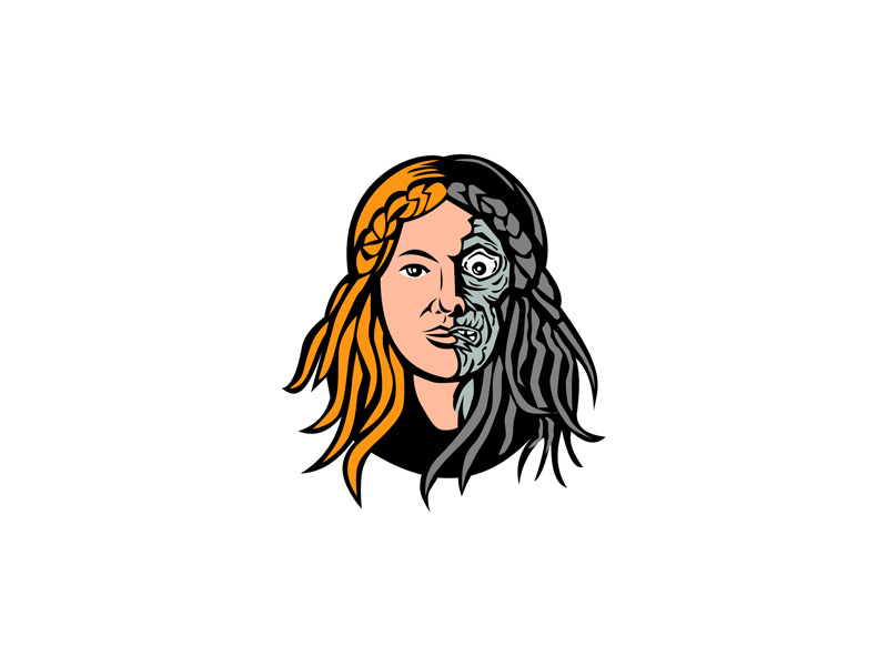 Hel Norse Goddess of Death Head Retro death dead girl woman female face underworld myth norse mythology goddess bones skeleton half bones half flesh goddess of death norse hel head icon mascot