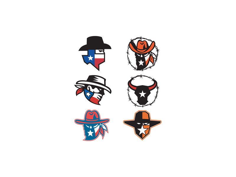 Texas Outlaw Mascot Collection man flag american star lone star state lone star cow bull longhorn texas texan texas longhorn bull maverick highwayman outlaw bandit texan outlaw head icon mascot