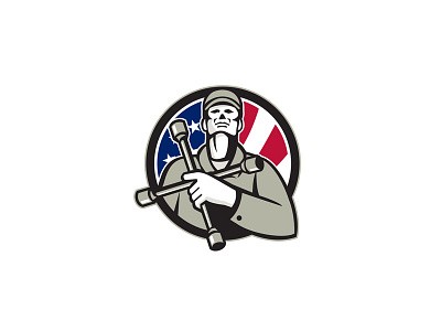 American Tire Mechanic Holding Tire Wrench USA Flag Circle Retro 4 way lug wrench america american chest cross lug wrench flag hat holding looking up lug wrench mechanic stars and stripes tire mechanic tire wheel tire wrench tool tire wrench tyre iron united states usa worker wrench