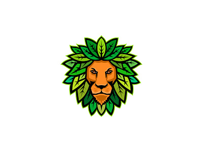 Lion With Leaves As Mane Mascot appendage big cat cat character face feline green hair head icon leaf leaves lion looking mane mascot plant retro sign symbol