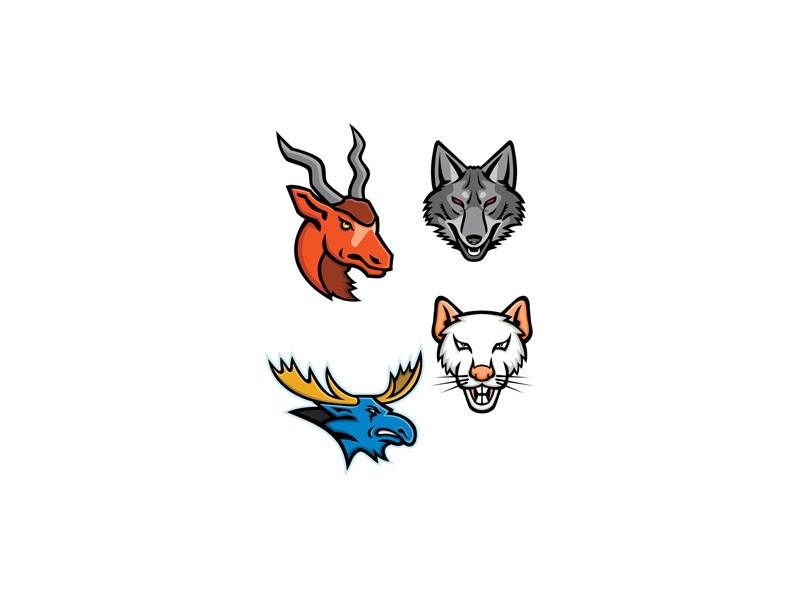 Wildlife Head Mascot Collection retro icon head animal pet dog coyote canine moose bull antelope screwhorn antelope white antelope wildlife vermin rat bull moose grey coyote addax mascot