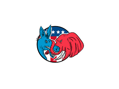 Donkey Biting Elephant Trunk American Flag Drawing biting democrat democratic party donkey doodle drawing election elephant equine fighting gop head jackass pachyderm political politics republican republican party trunk wrapping