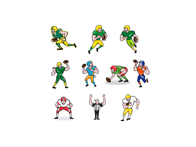 American Football Player Cartoon Collection Set cartoon center collection defensive player fullback guard halfback linebacker offensive line offensive player quarterback referee running back set tackle tackling tailback wide receiver