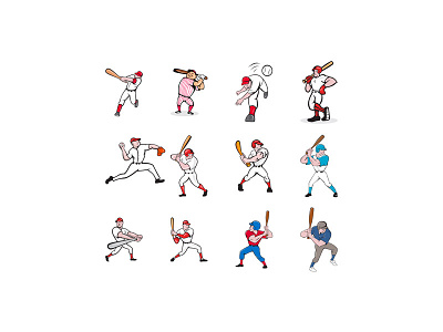 Baseball Player Cartoon Set artwork ball baseball bat and ball game batting cartoon collection graphics illustration isolated male man pitcher pitching player set sport team sport throwing