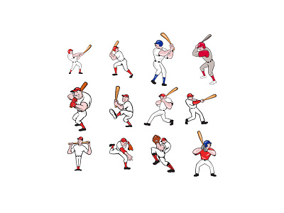 Baseball Player Cartoon Set artwork ball baseball bat and ball game batting cartoon collection graphics illustration isolated male man pitcher pitching player set sport team sport throwing