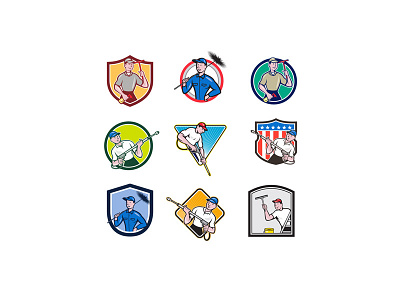 Cleaner Icon Cartoon Set cap cartoon chimney sweeper cleaner collection icon janitor pressure spray washer set squeegee sweep sweeper vacuum vacuum cleaner vacuuming washer water blaster window cleaner window washer worker