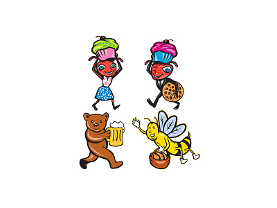 Animals With Food Mascot Cartoon Set animal ant bakery bear bee beer brown beer bumblebee carrying cartoon collection cookie food food worker honeybee muffin pastry serving set wildlife
