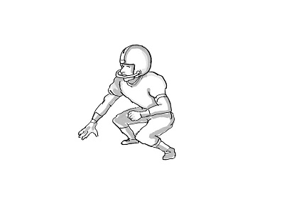 American Football Player Cartoon Black and White athlete ball caricature cartoon defensive dots drawing gridiron halftone dots hand drawn helmet offensive player quarterback snap