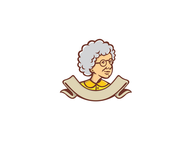 Grandmother Looking Side Ribbon Mascot head gray hair wife housewife cook woman female senior adult nanny granny grandmother retro