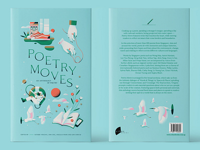 Poetry Moves - Book Cover animal astronaut blue book book cover book jacket bright clean egret flat illustration minimal outerspace pastel poem poetry print publishing red thread vector
