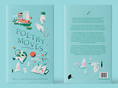 Poetry Moves - Book Cover animal astronaut blue book book cover book jacket bright clean egret flat illustration minimal outerspace pastel poem poetry print publishing red thread vector