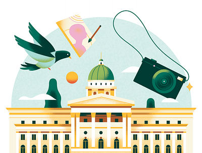 Discover Singapore - National Gallery animal architecture bird bright building camera city editorial flat gradient illustration museum painting pastel pigeon singapore spot texture travel vector