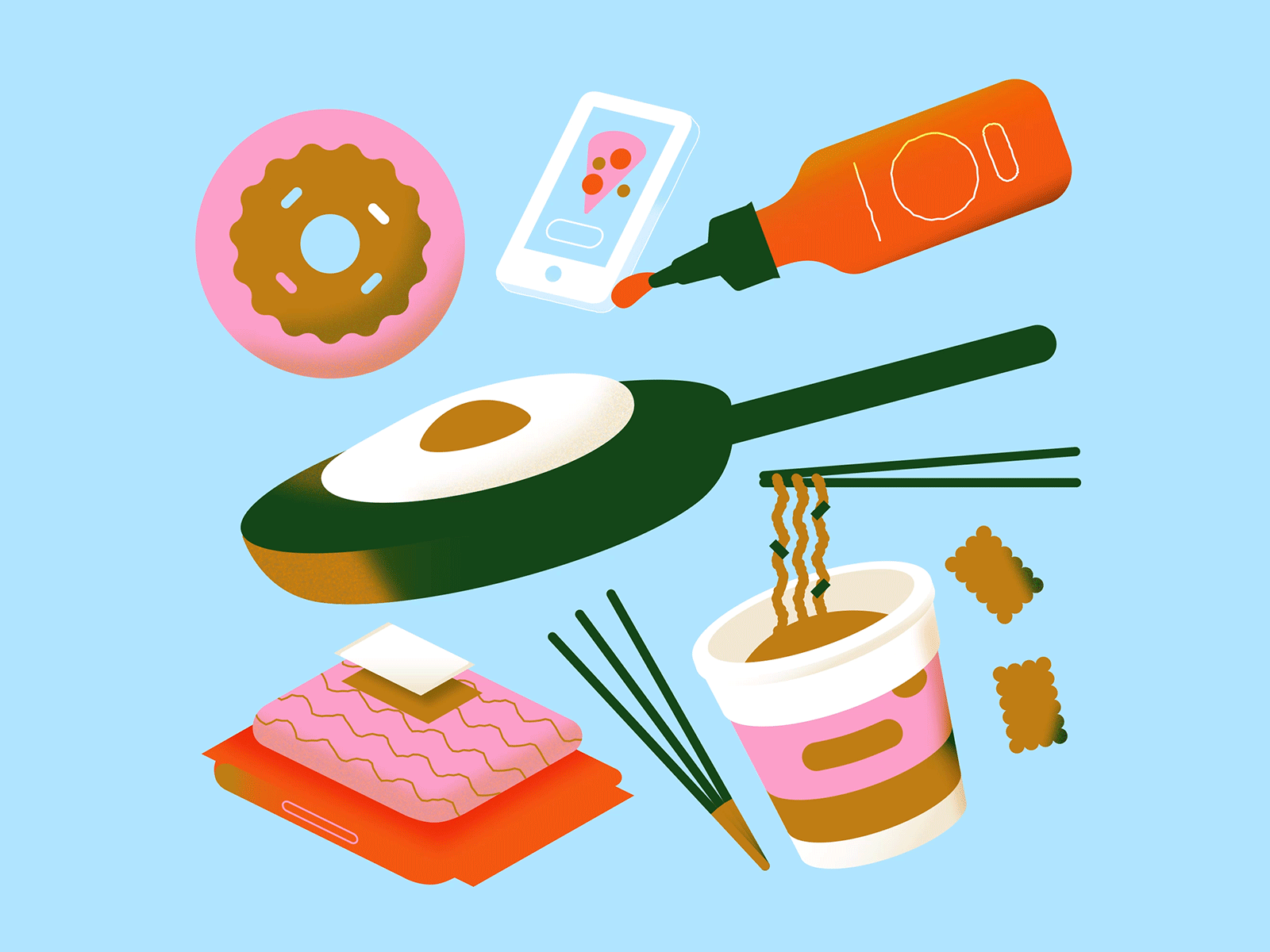 Quarantine Meals #20Gifsfor2020 after effects animation cooking cup noodle donut flat food frame by frame fried egg gif gradient illustration ketchup looping pastel quarantine ramen snacks stay home vector