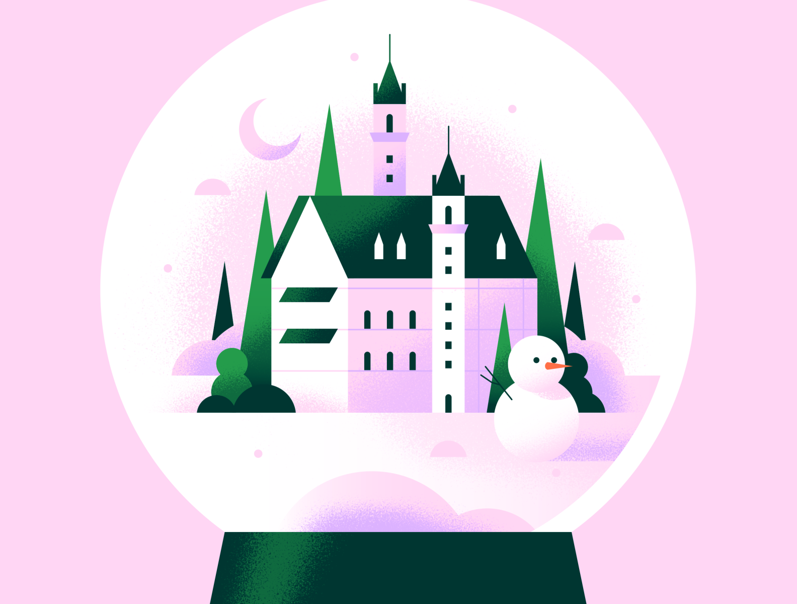 Snow Globe building castle dreamy flat gradient illustration mood outdoor pastel pink purple season snow snow globe snowglobe snowman texture trees vector winter