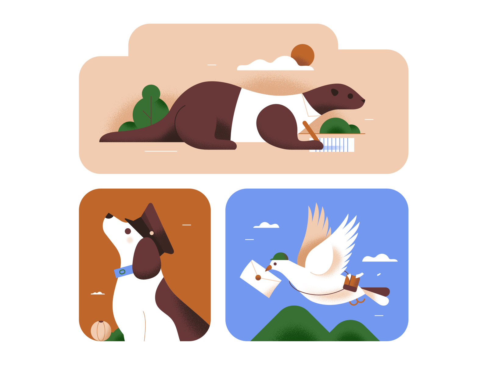 Urban Animals brown minimal green blue soft wildlife nature letter working jobs dog pigeon otter city animal texture pastel flat vector illustration