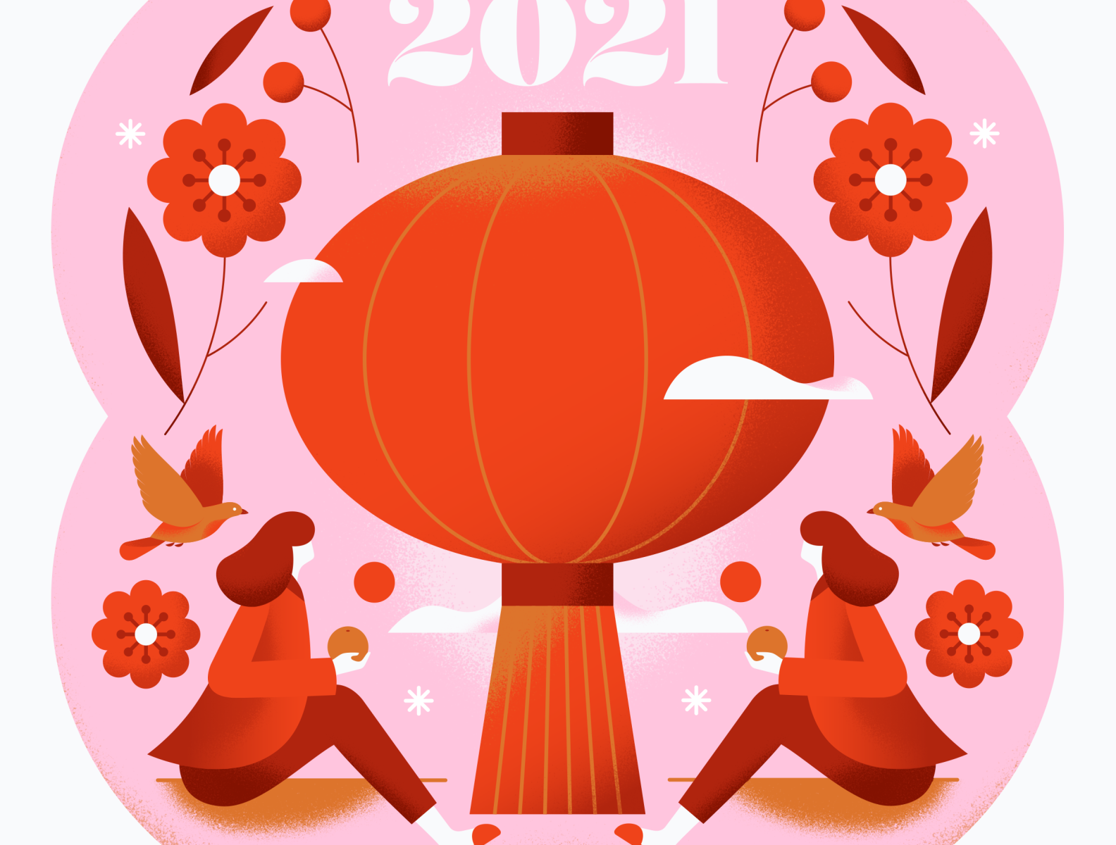 Happy New Year! animal bird celebration chinese chinese new year festive flat floral flower girl gradient illustration lantern lunar new year pastel people red soft texture vector