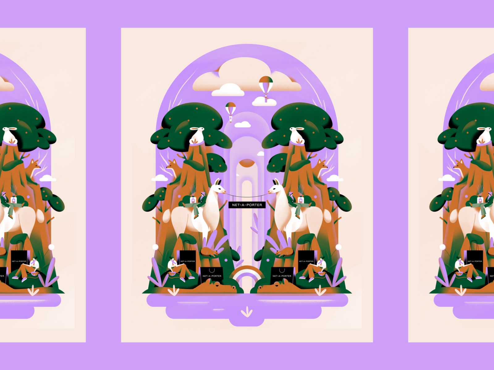 NET Sustain - Utopia animal carnival fashion flat forest hippo illustration llama nature net a porter pastel purple rabbit soft spark ar texture trees utopia vector wildlife