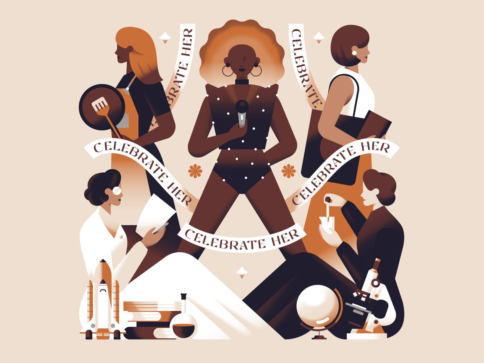 Celebrate Her #IWD2022 brown celebration character clean empowerment flat girls gradient illustration inventor jobs pastel people scientist singer texture typography vector woman women