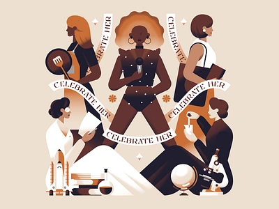 Celebrate Her #IWD2022 brown celebration character clean empowerment flat girls gradient illustration inventor jobs pastel people scientist singer texture typography vector woman women