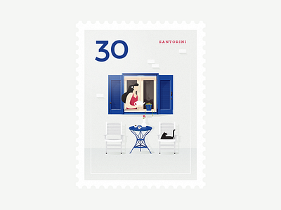 Stamp : Cities #2 - Santorini architecture cat city greece human illustration mail map stamp travel vector window