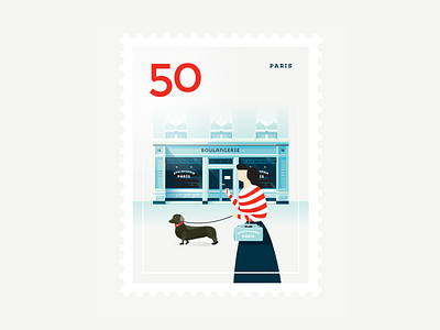 Stamp : Cities #5 - Paris architecture bakery city dachshund dog europe girl illustration paris stamp travel vector