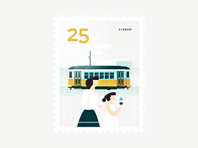 Stamp : Cities #8 - Lisbon bus child city girl ice cream illustration stamp stationery summer tram travel vector