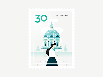 Stamp : Cities #9 - Copenhagen architecture bicycle building church city girl illustration scenery stamp stationery travel vector