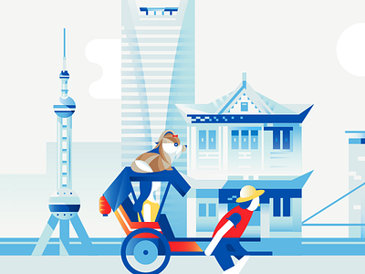 Dogs of The World - Shanghai building chinese city dog flat gradient illustration monument rickshaw skyscraper tower vector