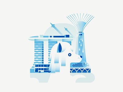 Dogs of The World - Singapore architecture building dog gradient illustration jet marina bay sands merlion singapore tower travel vector