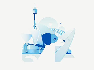 Dogs of The World - Sydney australia bright city dog flat gradient illustration opera house surfing sydney travel vector