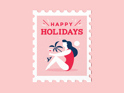 Happy Holidays beach flat girl holiday illustration postcard stamp summer swimsuit tree vector