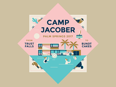 Camp Jacober desert flat holiday illustration lockup logo masthead palm pool summer vacation vector