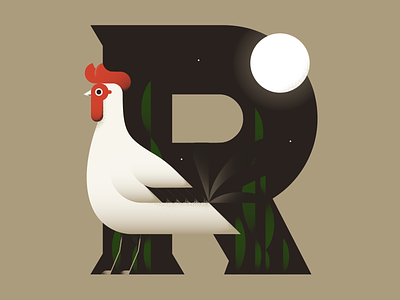 #36DaysofType - Rooster alphabet animal chicken dropcap flat illustration moon nature night rooster typography vector