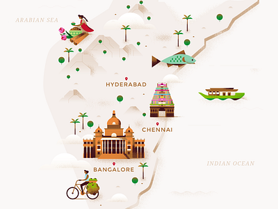 Map - South India animal architecture building city editorial fish flat food gradient illustration india landmark map pastel texture tourism travel vector vidhana soudha website