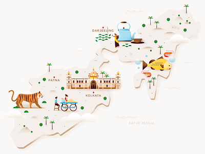 Map - East India animal architecture building city flat food illustration india island map nature pastel street food tea tiger travel tree vector victoria memorial website