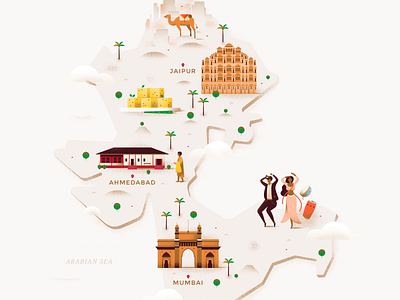 Map - West India animal architecture building camel castle dancing editorial food illustration india jaipur map monk mumbai pastel people texture travel vector world