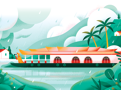 Monsoon Travel asia boat flat forest holiday illustration monsoon nature rain river scenery texture thailand traditional travel tropic tropical vector village weather