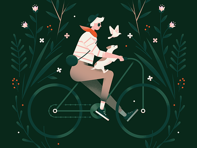 Cycling animal bicycle bird cycling dog flat flower forest girl gradient illustration leaves nature outdoor plants spring texture vector vines woman