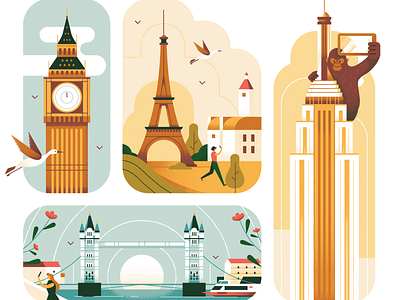 Selfie Spots animal architecture big ben building city collage editorial eiffel tower empire state building flat illustration kingkong landmark london london bridge new york paris selfie travel vector