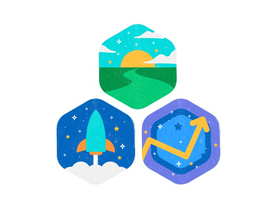 Beginner, explorer and devoted badges hexagon illustration results rocket sky star sun