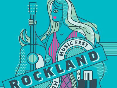 Rockland Music Festival Poster folk guitar illustration line poster queen of hearts rock rooster stipple type