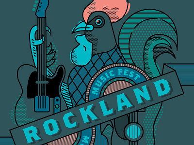 Rockland Music Festival Poster folk guitar illustration line poster queen of hearts rock rooster stipple type