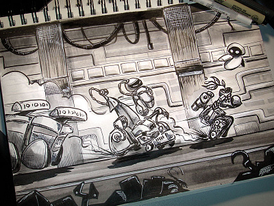 Space Chase cartoon disney doodle drawing illustration ink inktober pixar robot sketch space wall e