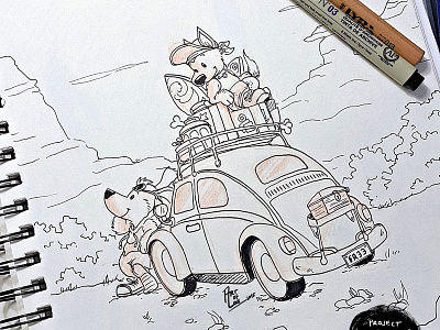 Holiday car cartoon character cute dog drawing holiday illustration ink inktober kidlitart